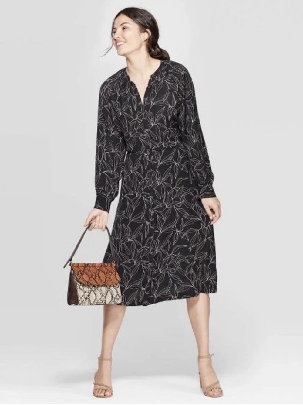 A New Day Black & White Leaf Print Long Sleeve Midi Dress Size S
